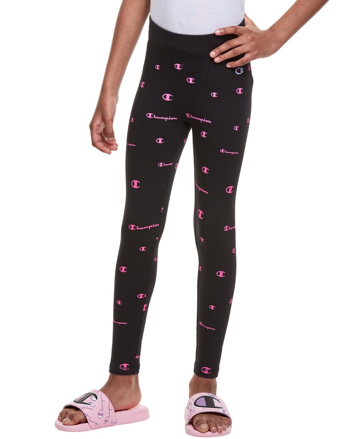 Champion Girls Leggings NZ - All Over Neon Logo Black/Pink ( 7843-CMQDG )